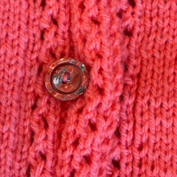 Vintage Hand-Knit Coral Cardigan Sweater Leaf Bobble Cozy Grandma Knubby Cottag - Picture 3 of 7
